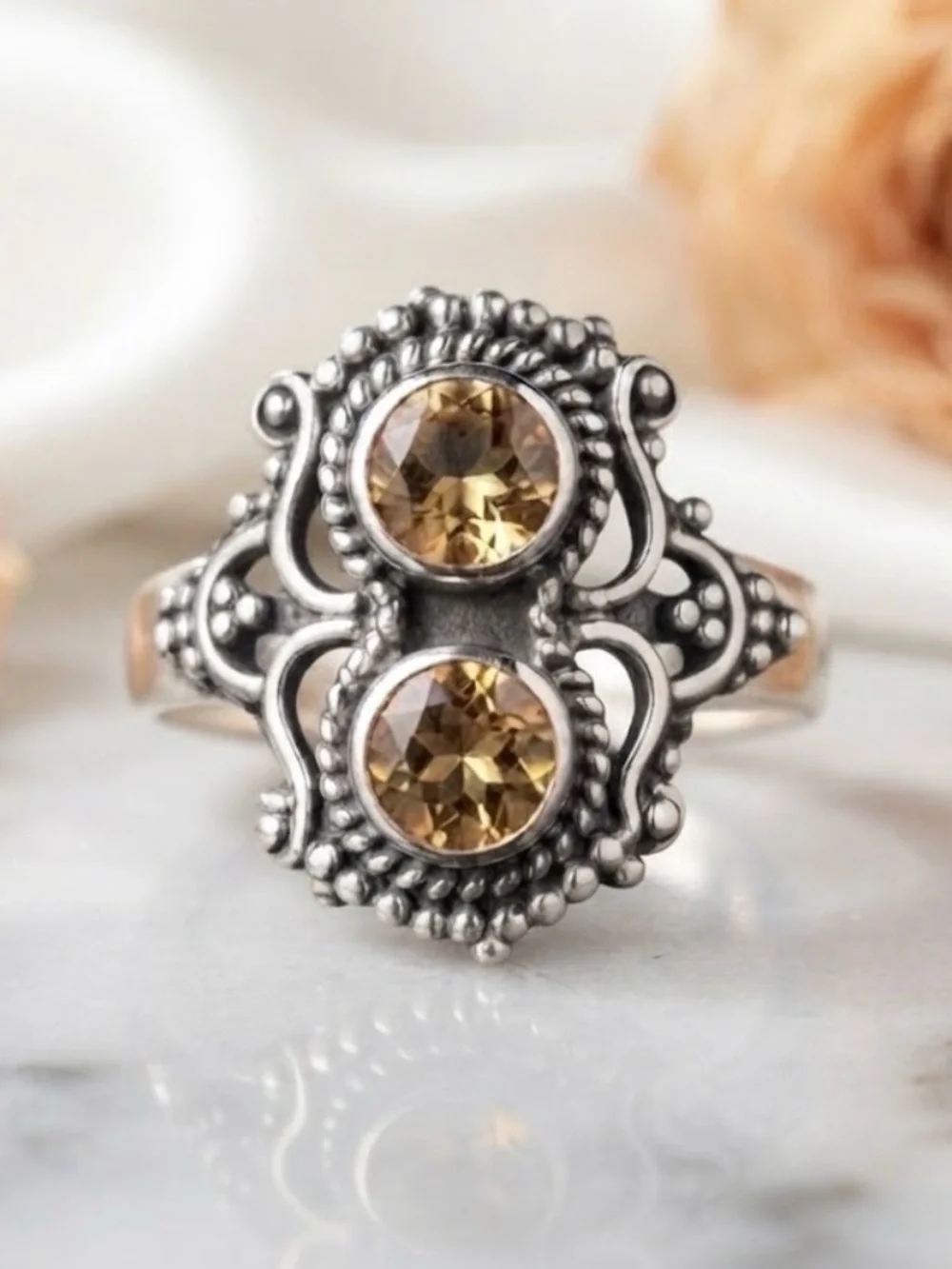 925 Sterling Silver Double Citrine Statement Ring